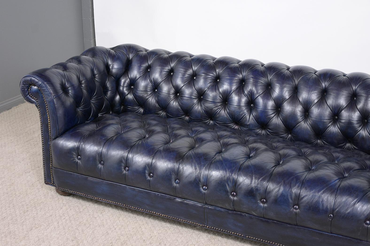 Vintage Blue Leather Tufted Chesterfield Sofa In Good Condition In Los Angeles, CA