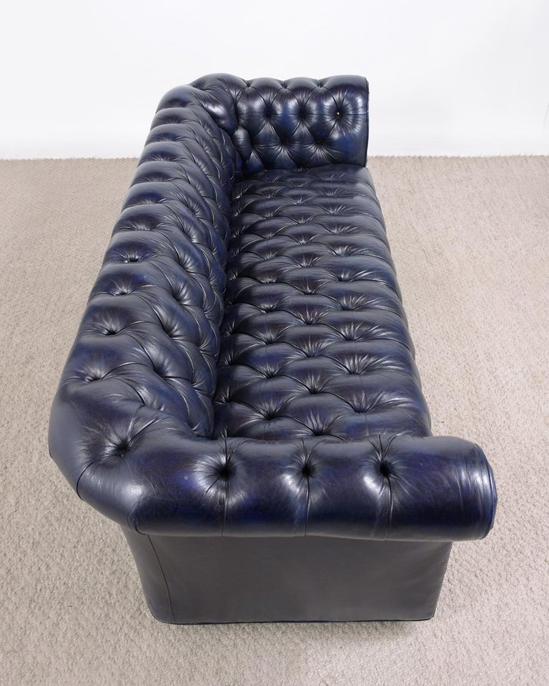 Vintage Blue Leather Tufted Chesterfield Sofa 2