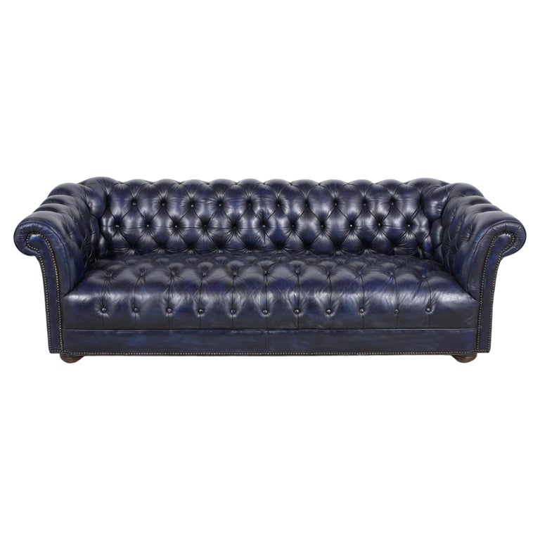 Vintage Blue Leather Tufted Chesterfield Sofa