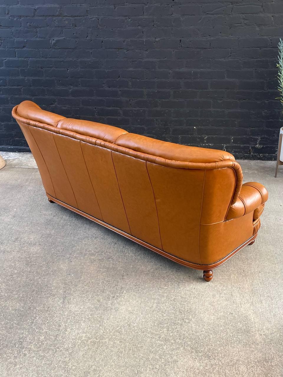 Mid-Century Modern Vintage Tufted Honey Brown Leather Sofa For Sale