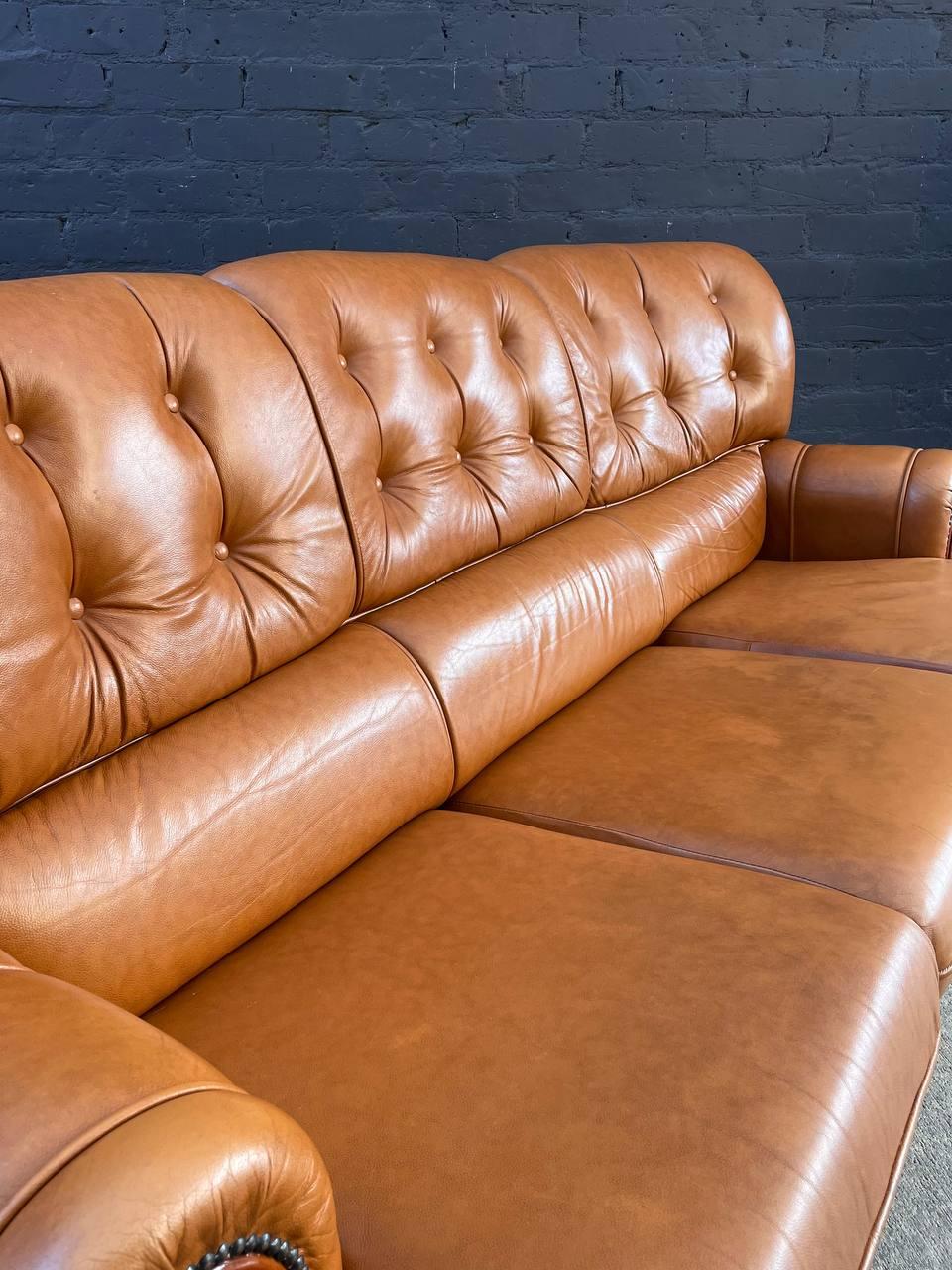 American Vintage Tufted Honey Brown Leather Sofa For Sale