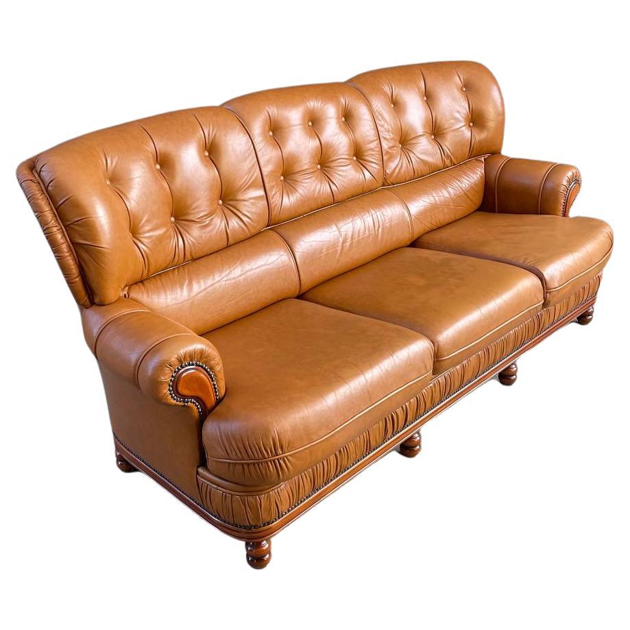 Vintage Tufted Honey Brown Leather Sofa For Sale