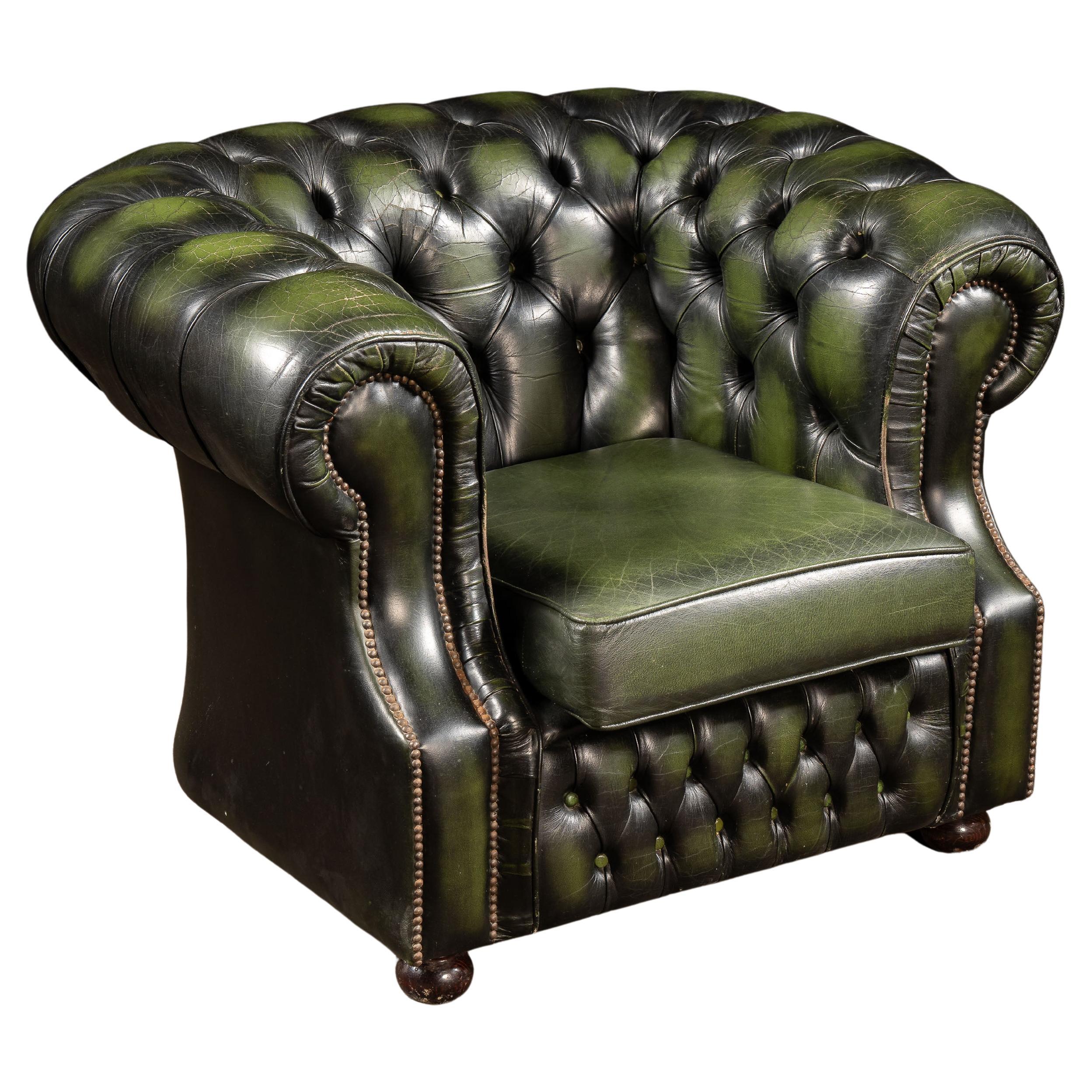 Vintage Tufted Leather Chesterfield Club Chair in Emerald Green