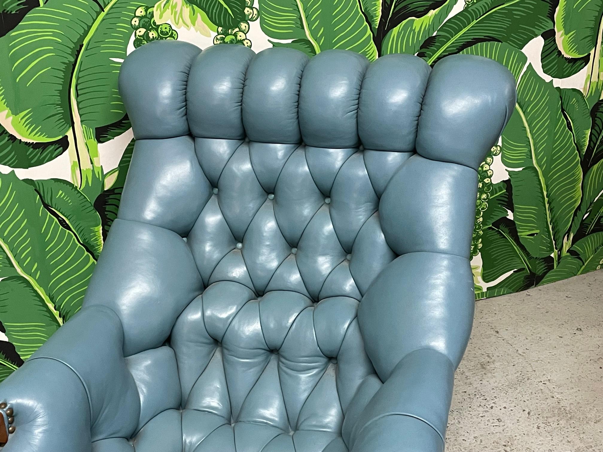 Hollywood Regency Vintage Tufted Leather Chesterfield Lounge Chair and Ottoman