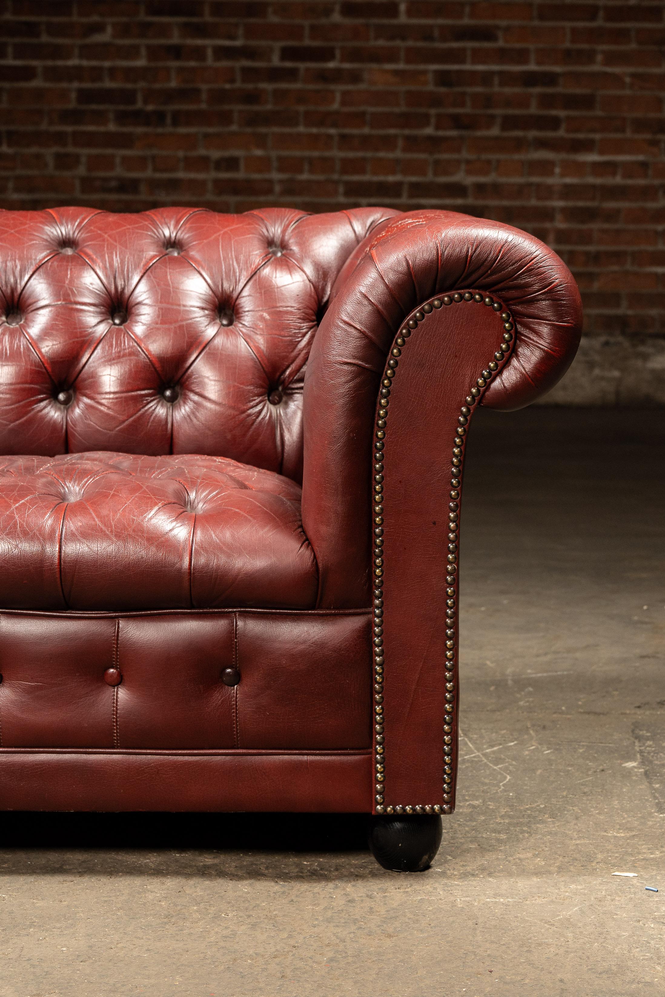 Vintage Tufted Leather Chesterfield Sofa in Burgundy For Sale at 1stDibs