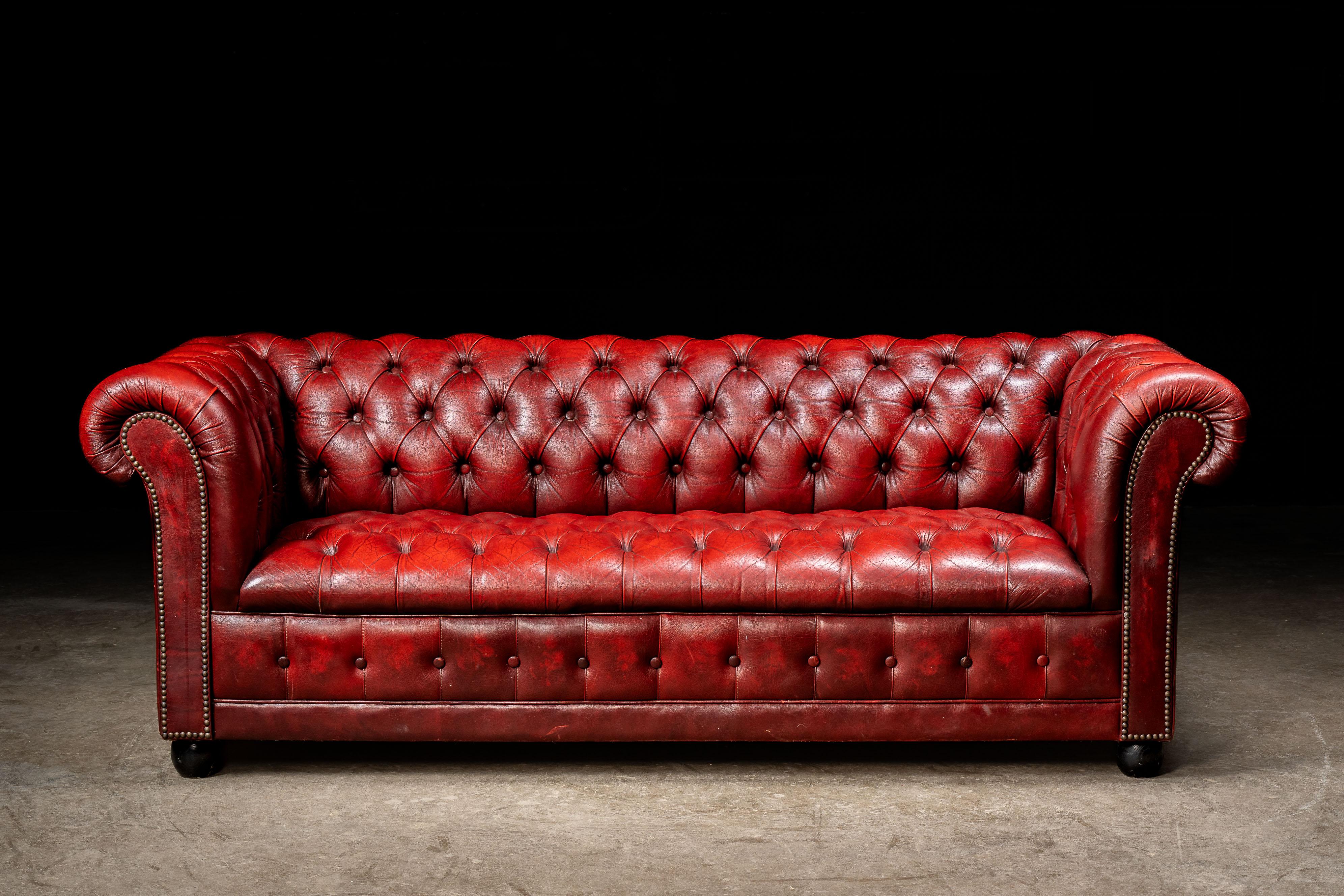 American Vintage Tufted Leather Chesterfield Sofa in Red