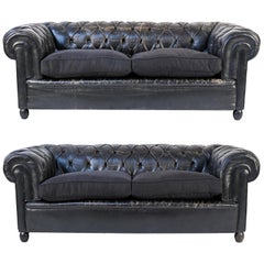 Used Tufted Leather Chesterfield Sofas, a Pair