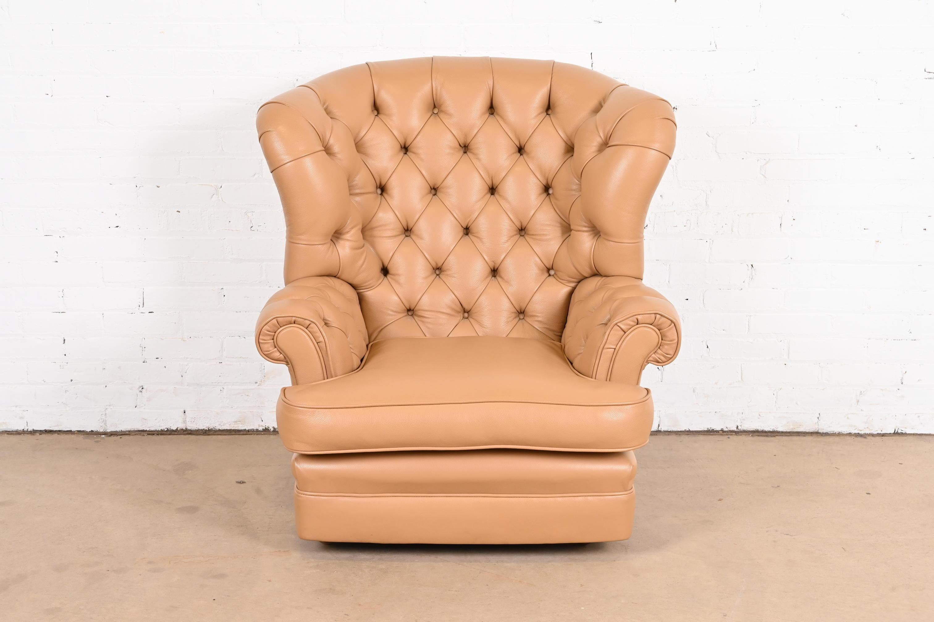 American Vintage Tufted Leather Chesterfield Wingback Lounge Chair For Sale