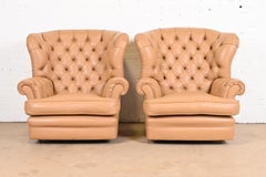 Vintage Tufted Leather Chesterfield Wingback Lounge Chairs, Pair