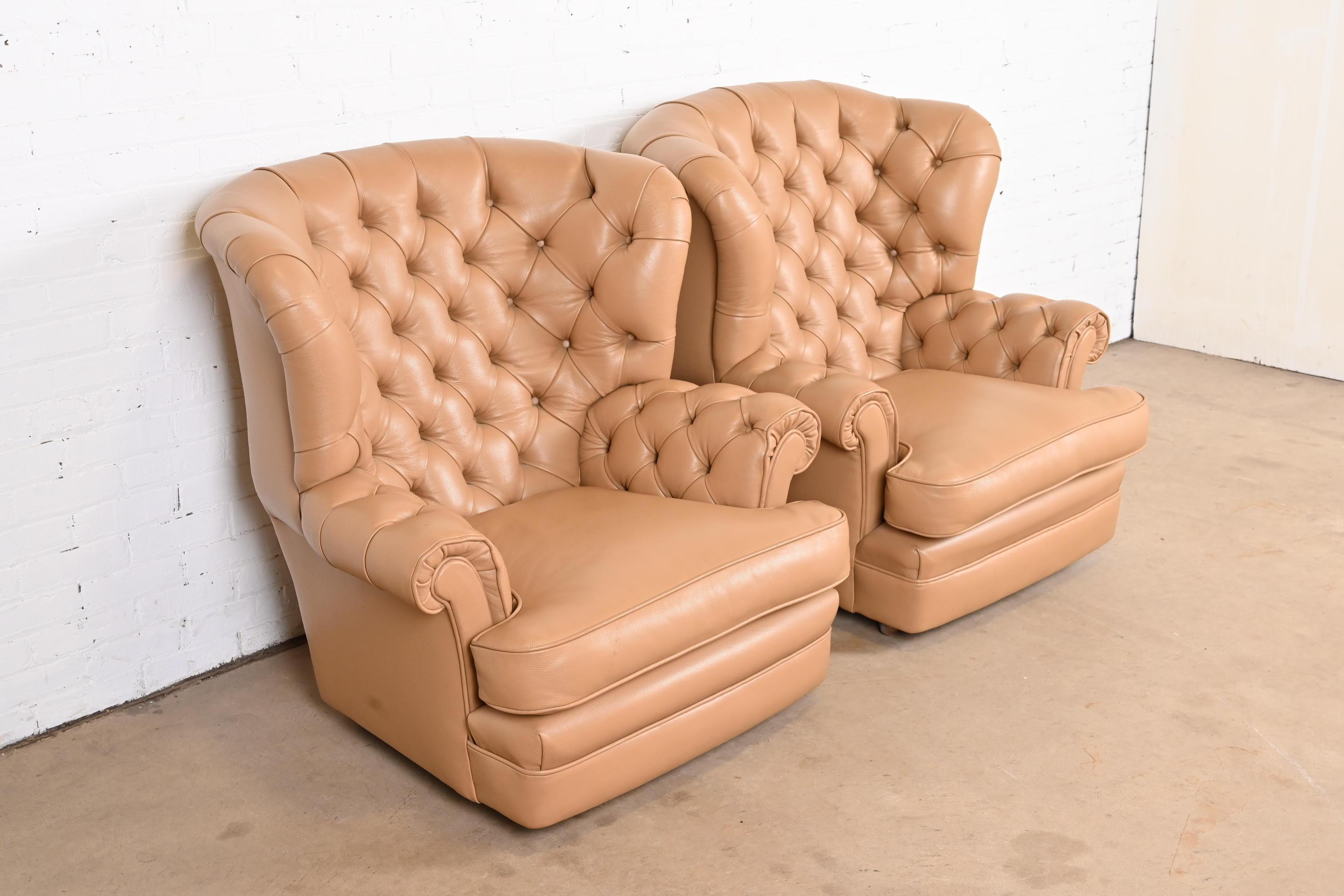 Vintage Tufted Leather Chesterfield Wingback Lounge Chairs, Pair For Sale 1