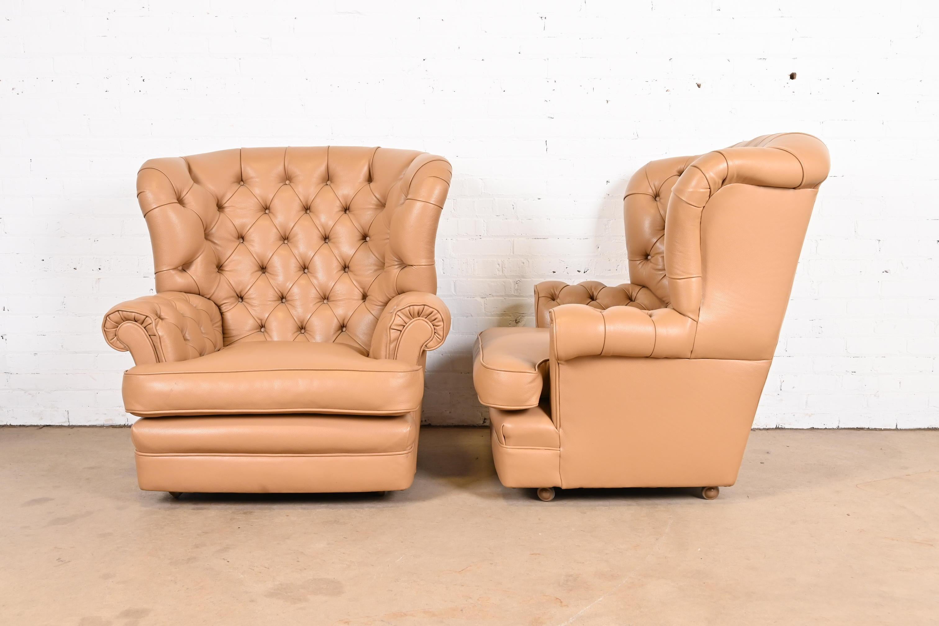 Vintage Tufted Leather Chesterfield Wingback Lounge Chairs, Pair For Sale 3