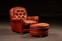 Vintage Tufted Leather Lounge Chair and Ottoman in Red