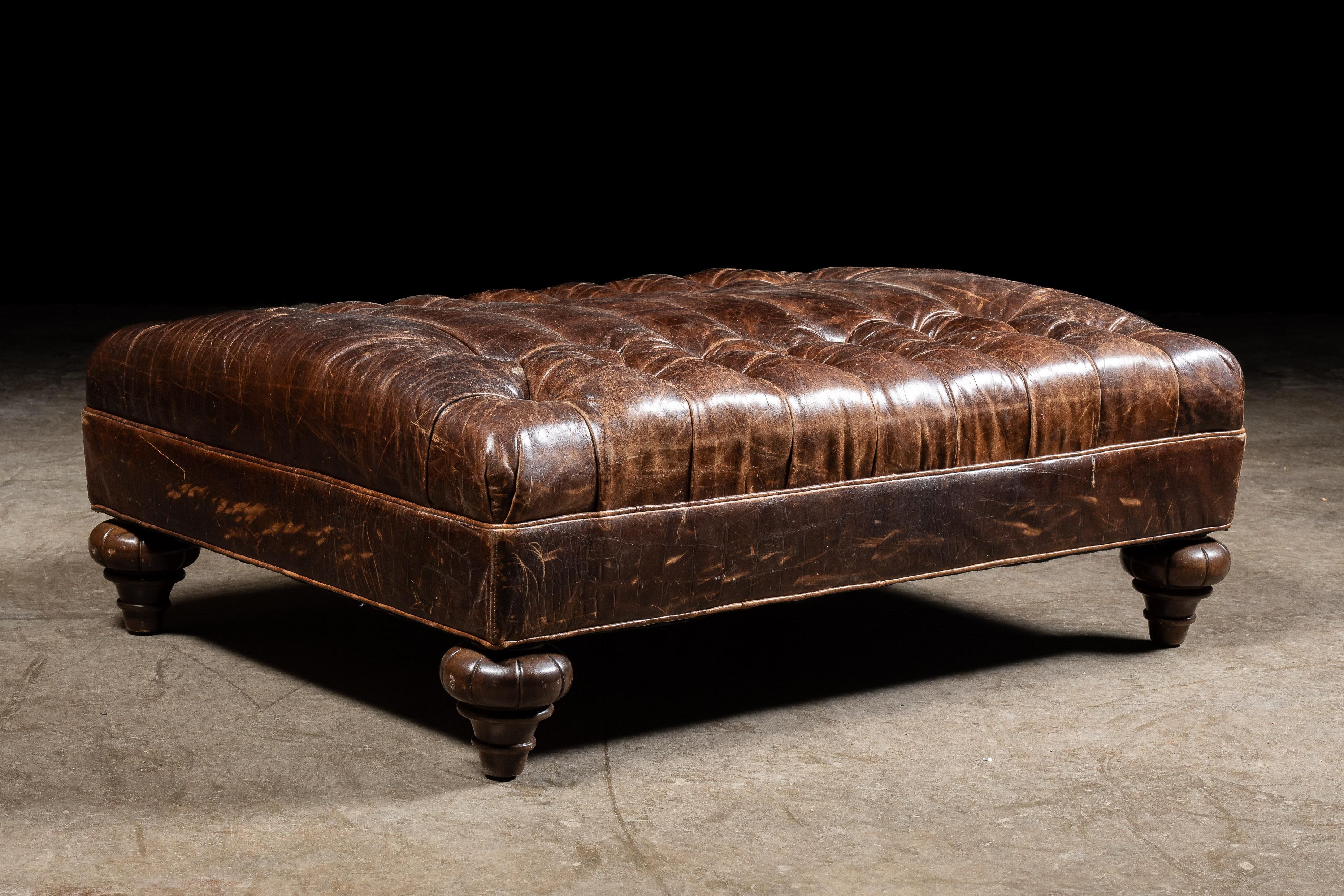 Vintage Tufted Leather Ottoman By Drexel Heritage in Brown For Sale 5