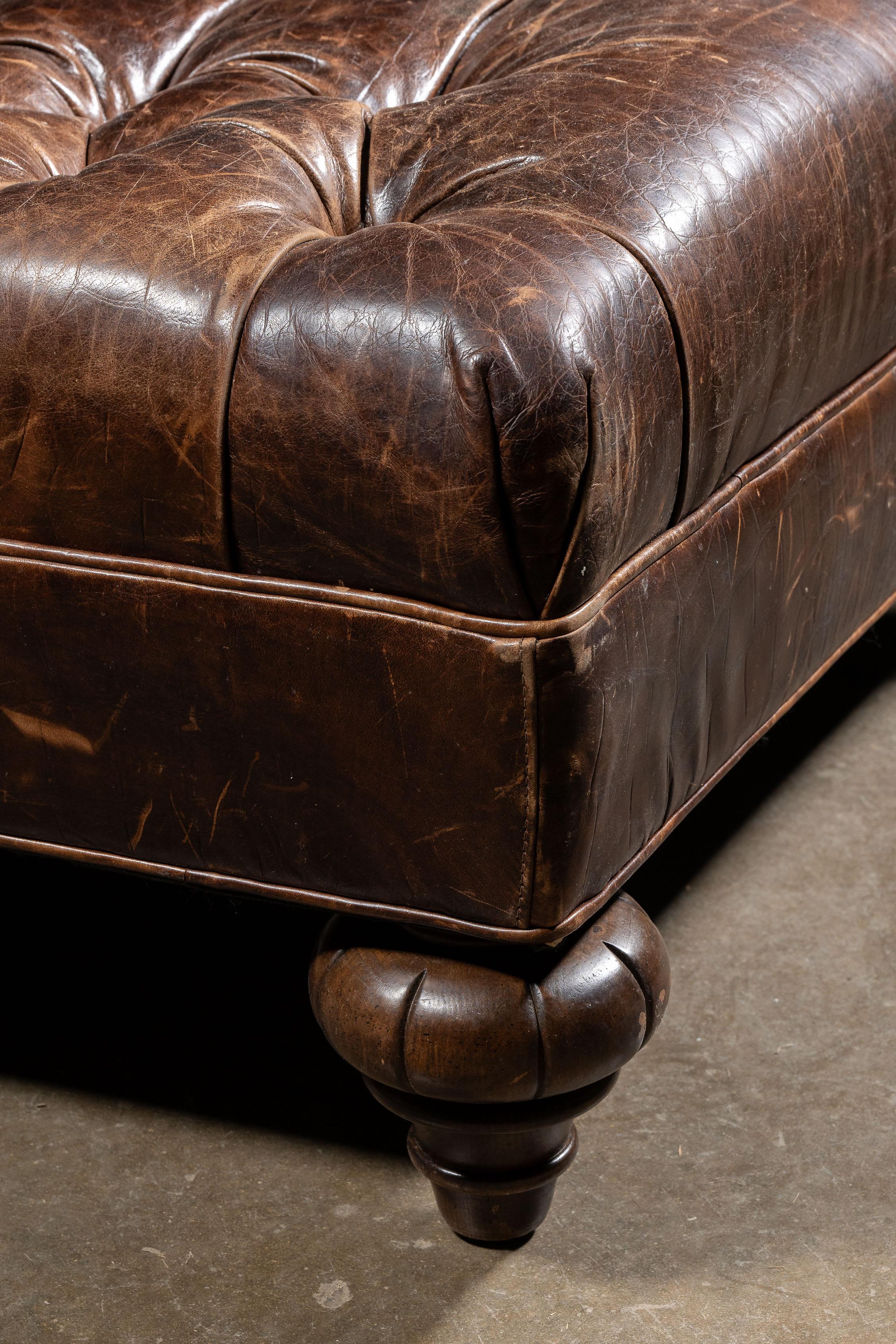 Vintage Tufted Leather Ottoman By Drexel Heritage in Brown For Sale 3