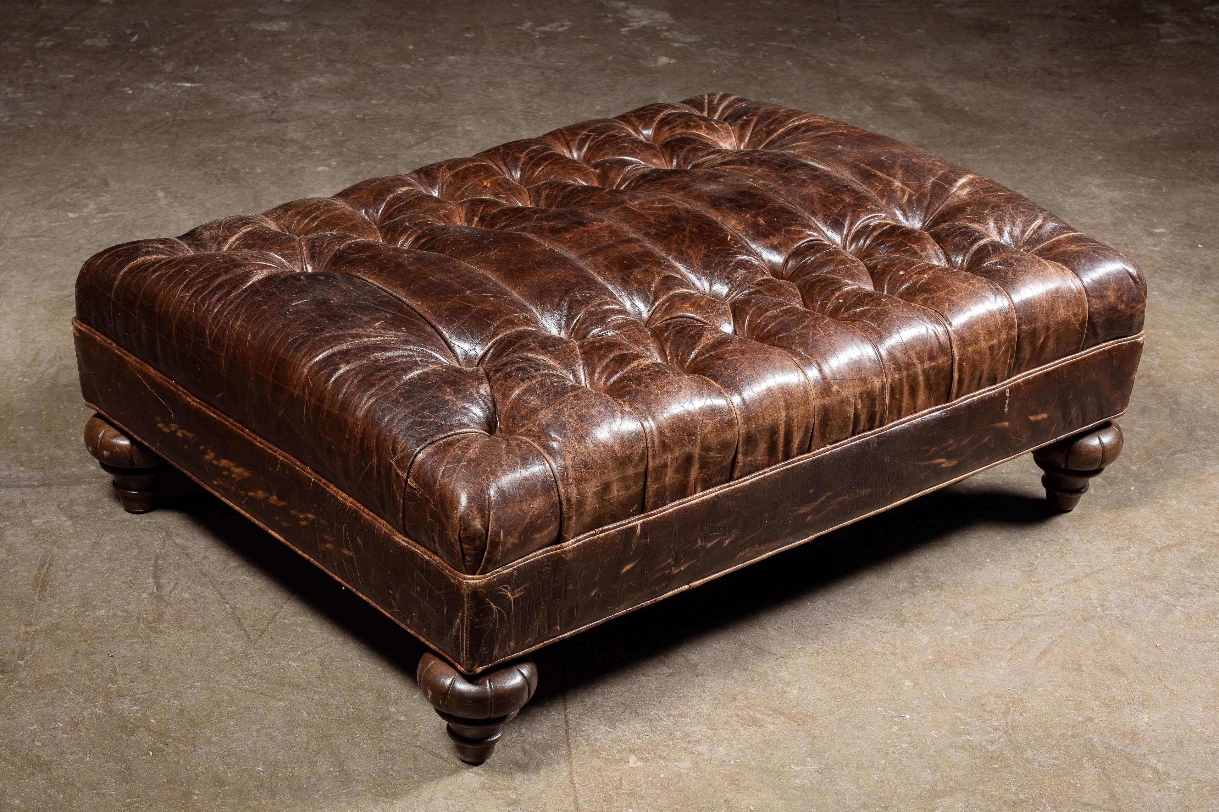 Vintage Tufted Leather Ottoman By Drexel Heritage in Brown For Sale 4
