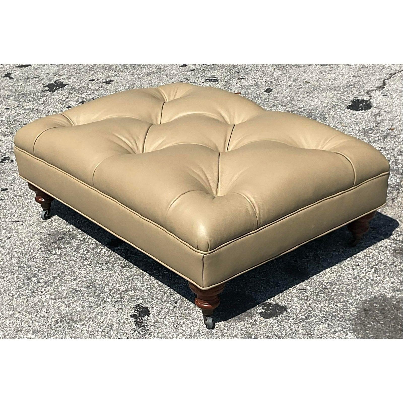 Vintage Tufted Leather Ottoman In Good Condition For Sale In west palm beach, FL