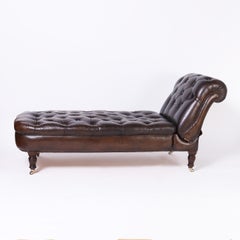 Chaise longue inclinable en cuir touffeté vintage