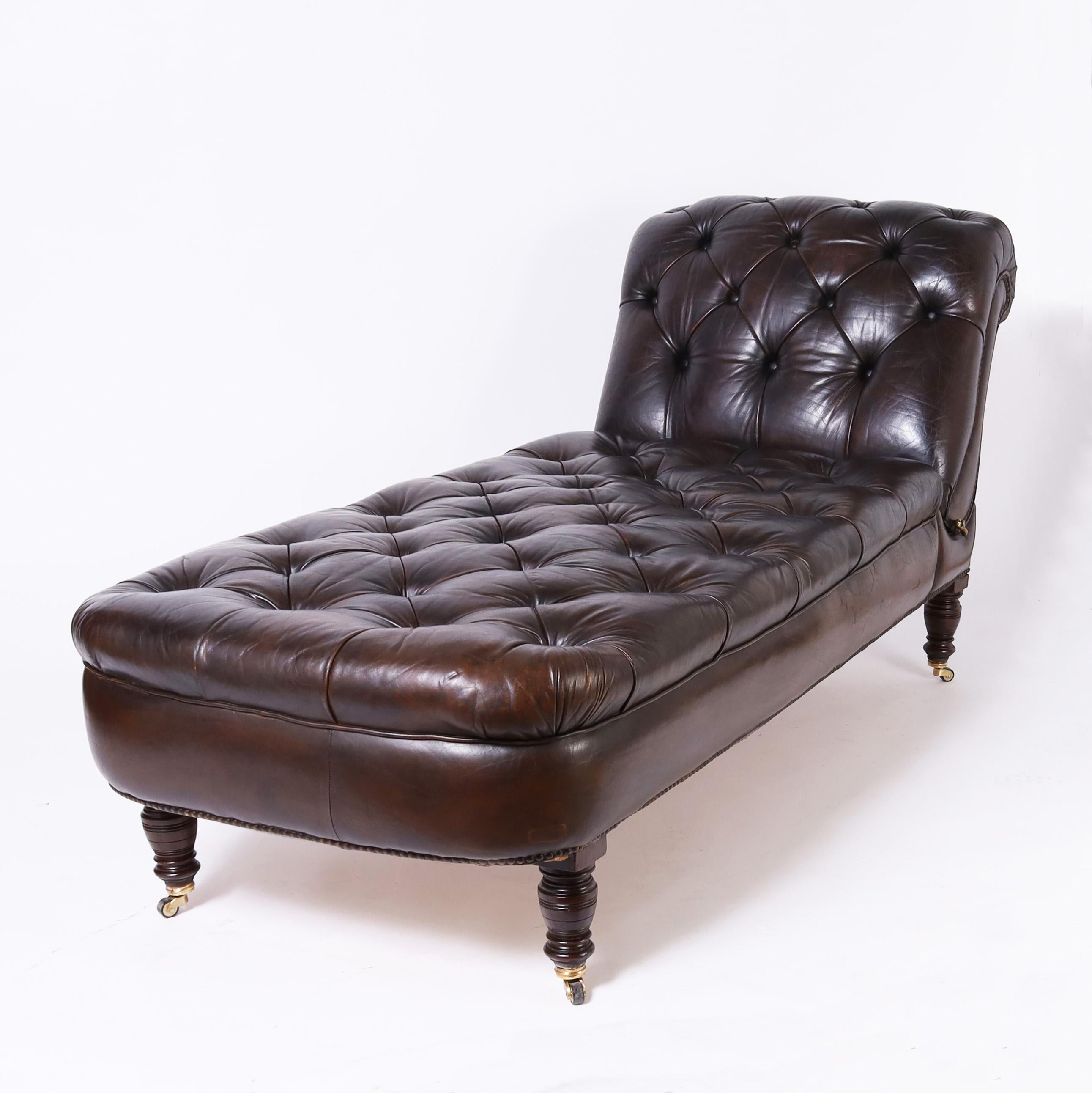 British Colonial Vintage Tufted Leather Reclining Chaise Lounge For Sale