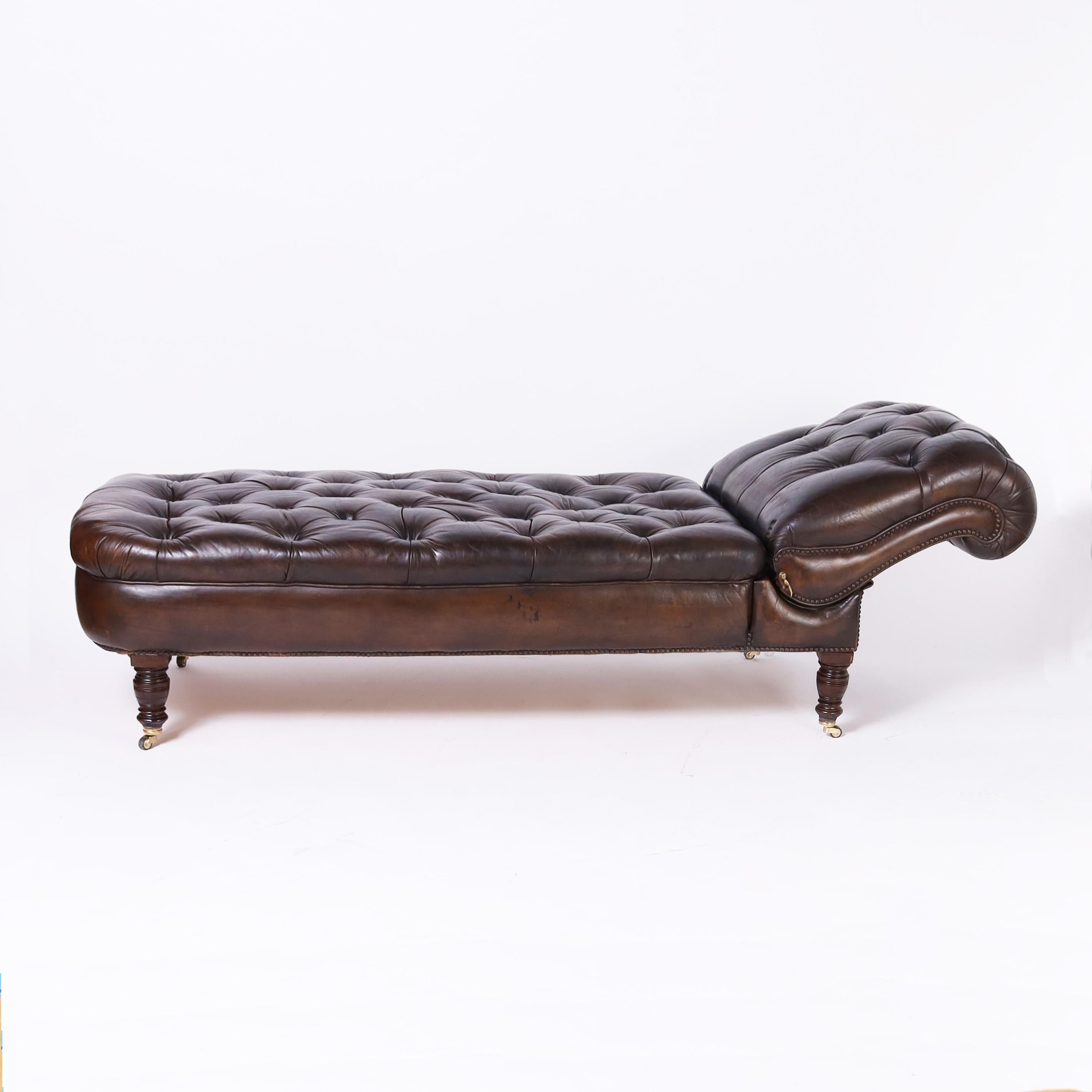 English Vintage Tufted Leather Reclining Chaise Lounge For Sale