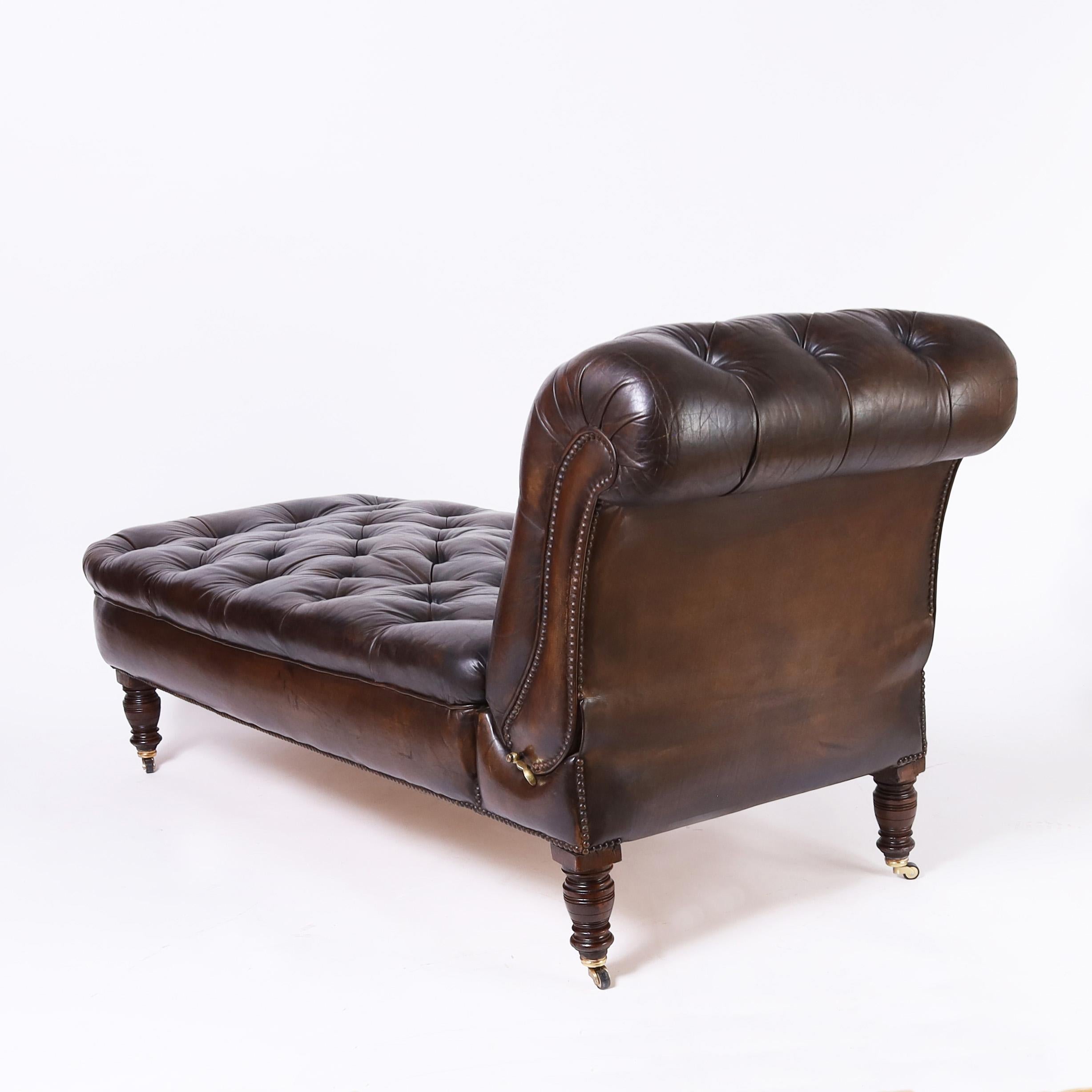 Turned Vintage Tufted Leather Reclining Chaise Lounge For Sale