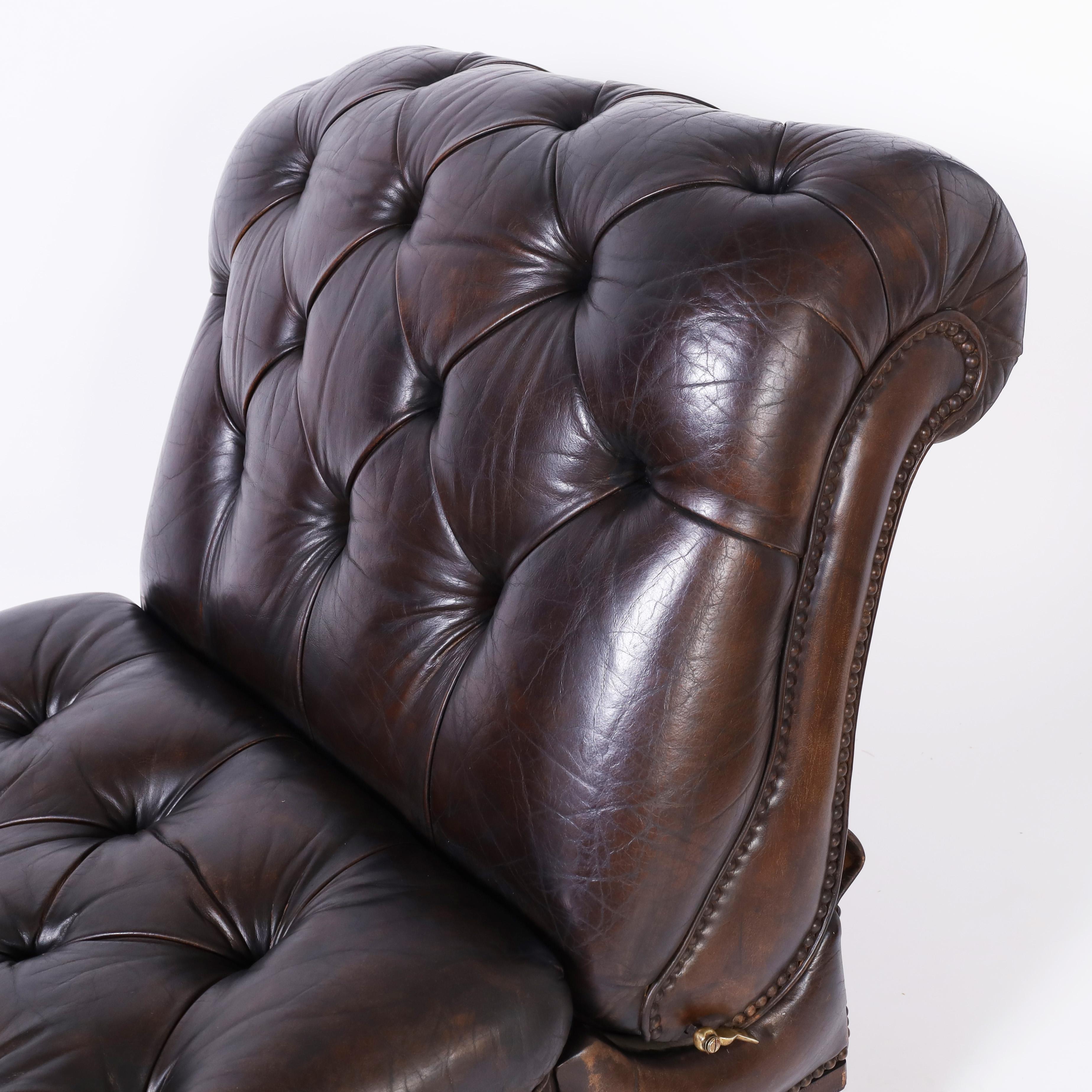Brass Vintage Tufted Leather Reclining Chaise Lounge For Sale