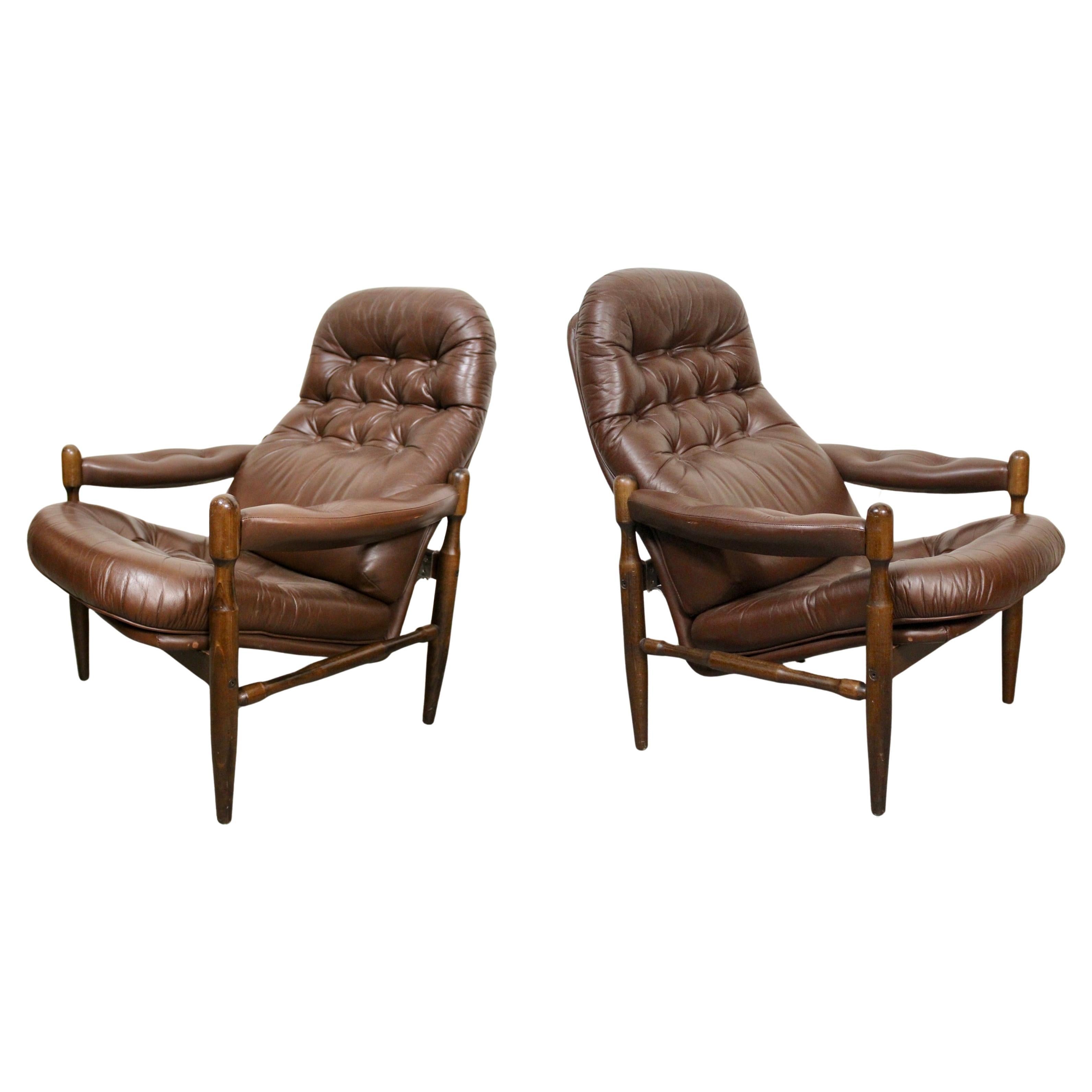 Vintage Tufted Leather Scoop Chairs after Arne Norell