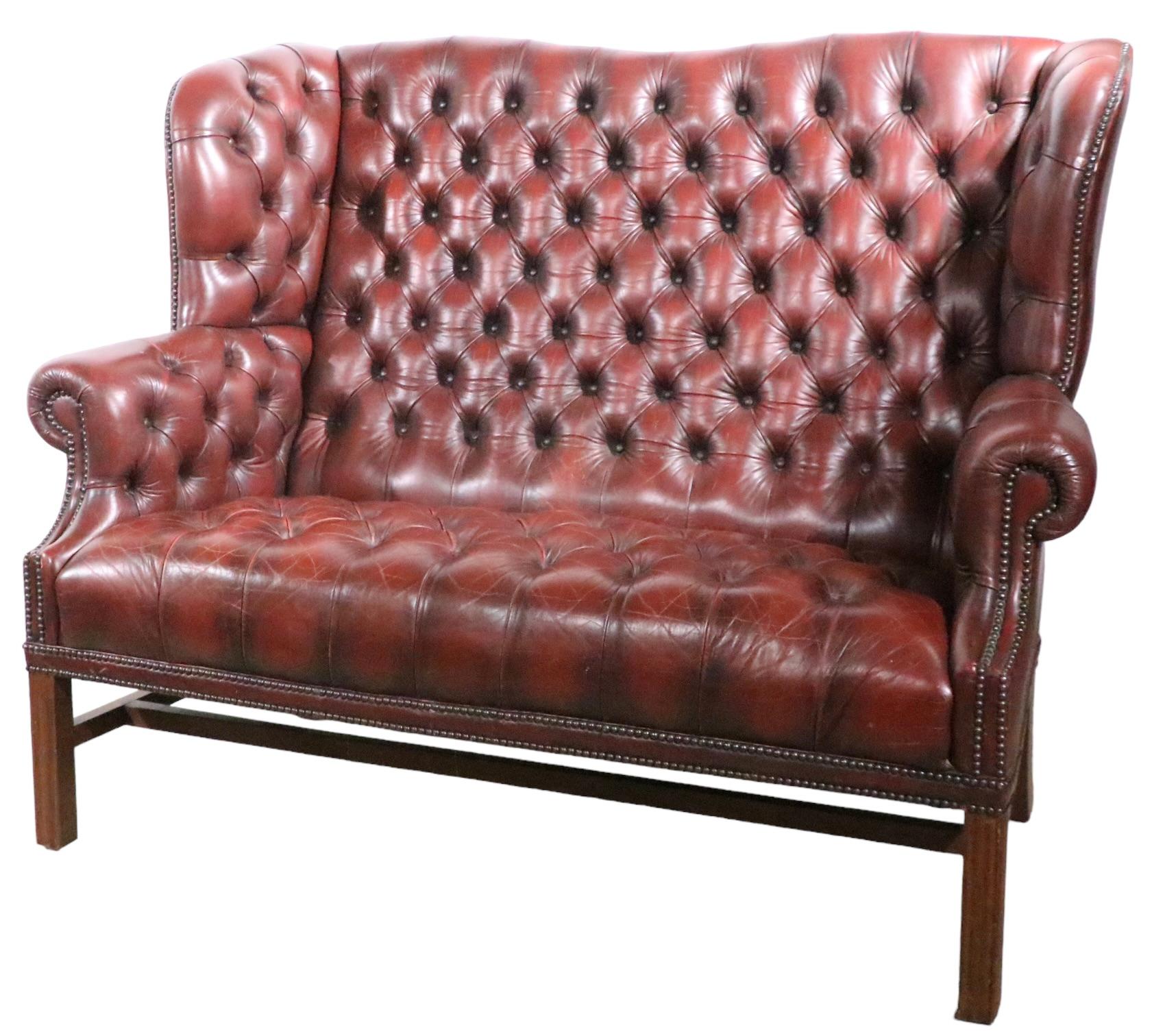 Vintage Tufted Leather Wingback Loveseat Sofa 3