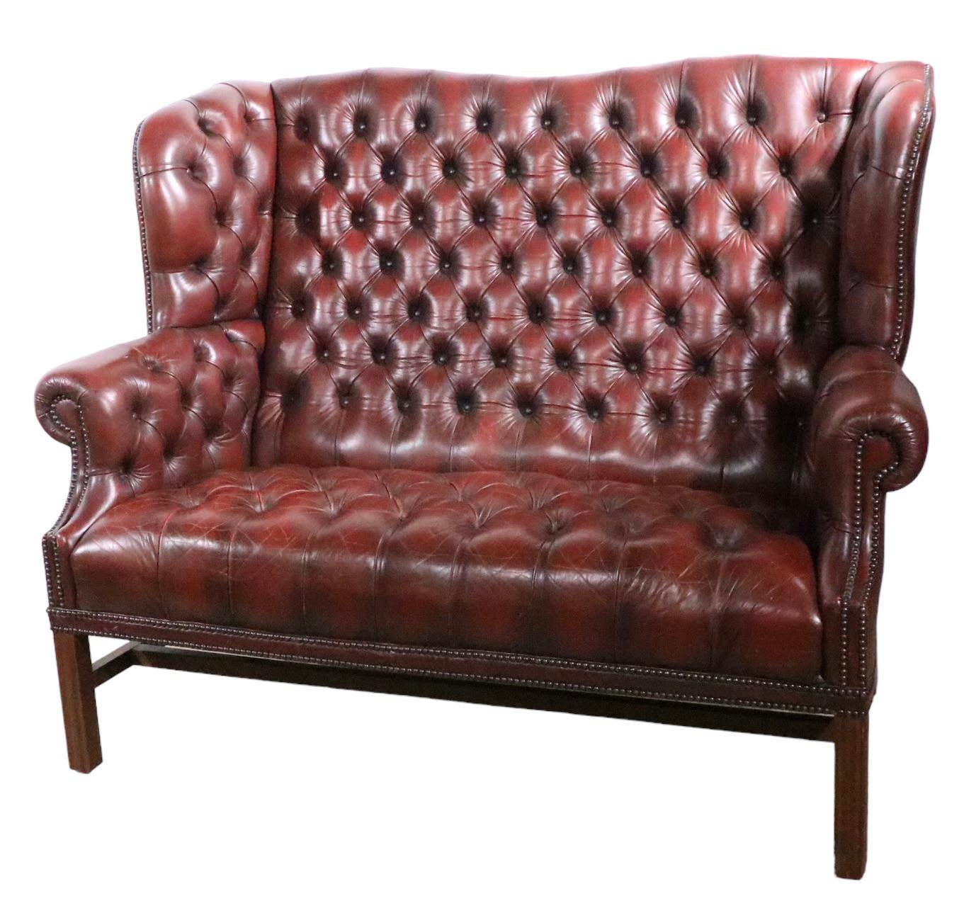 Vintage Tufted Leather Wingback Loveseat Sofa 4