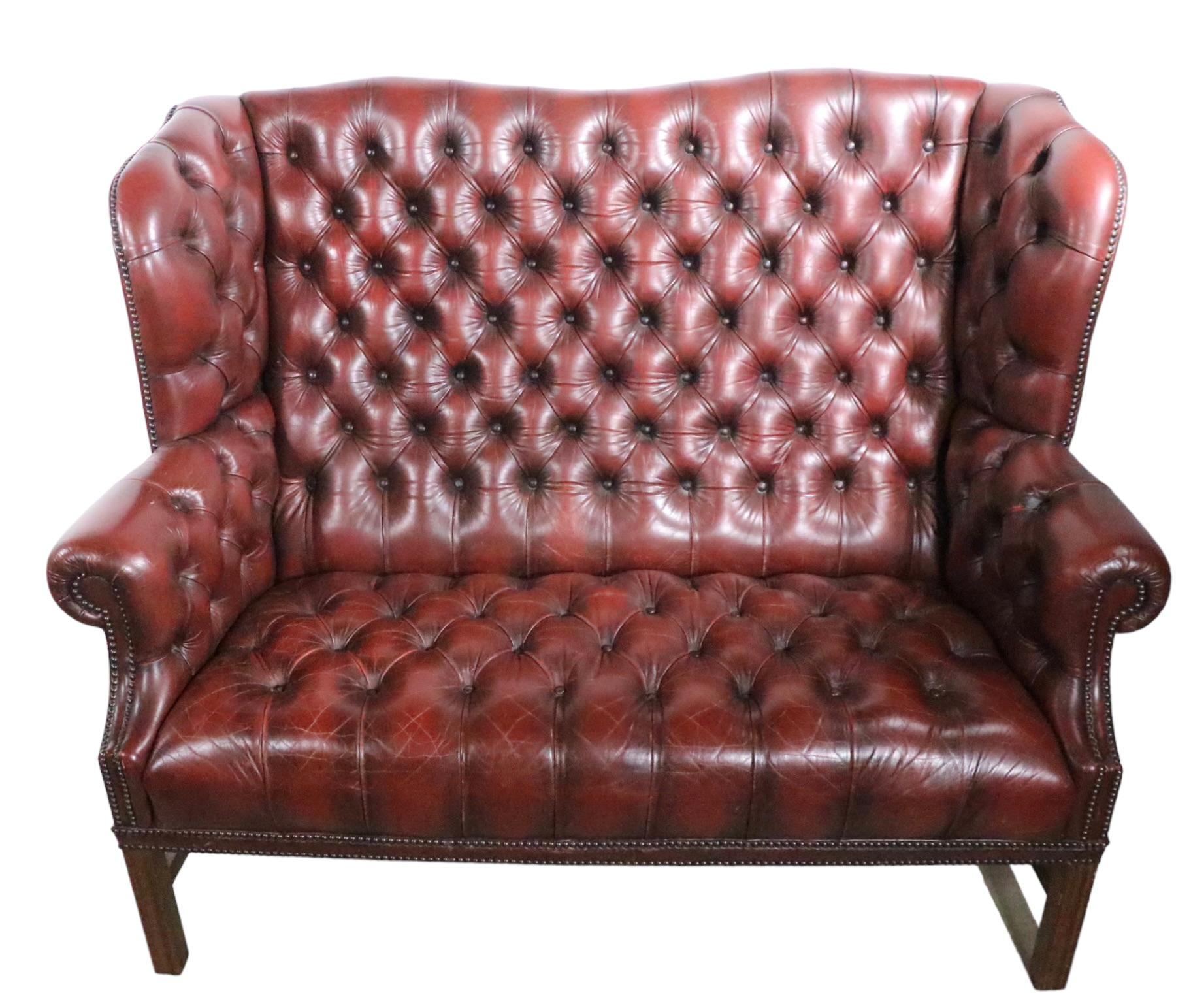 Vintage Tufted Leather Wingback Loveseat Sofa 5