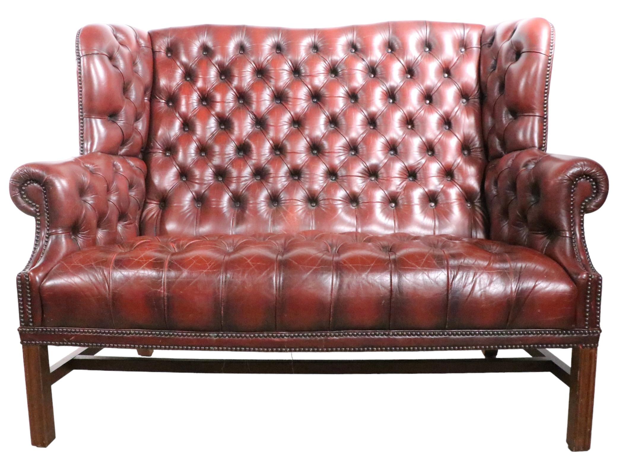 Vintage Tufted Leather Wingback Loveseat Sofa 9