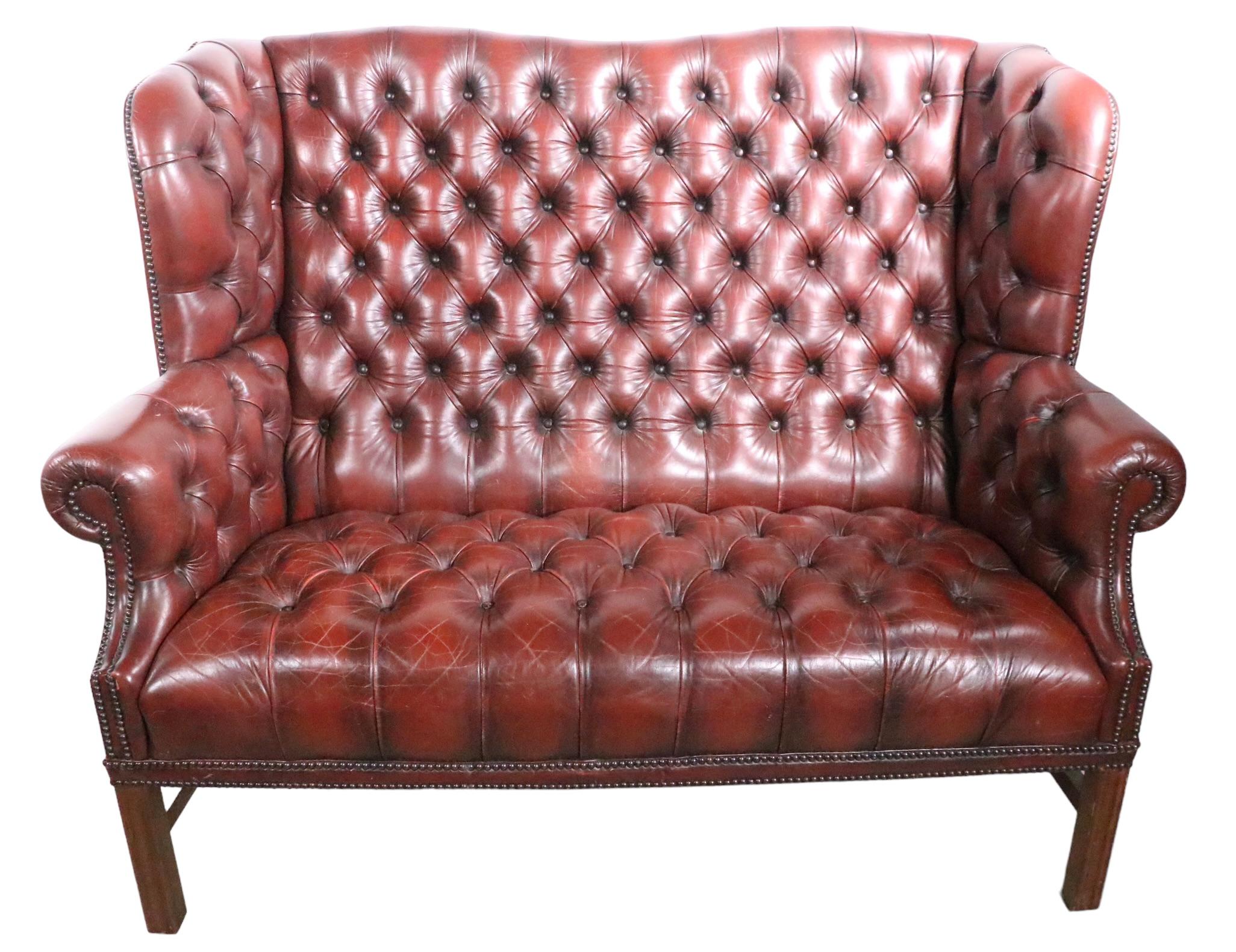 Vintage Tufted Leather Wingback Loveseat Sofa 10