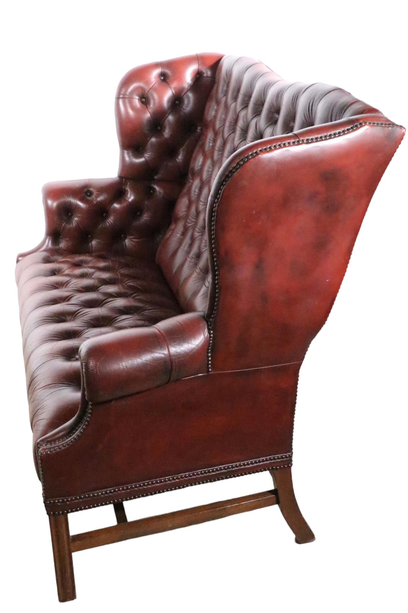 Chippendale Vintage Tufted Leather Wingback Loveseat Sofa