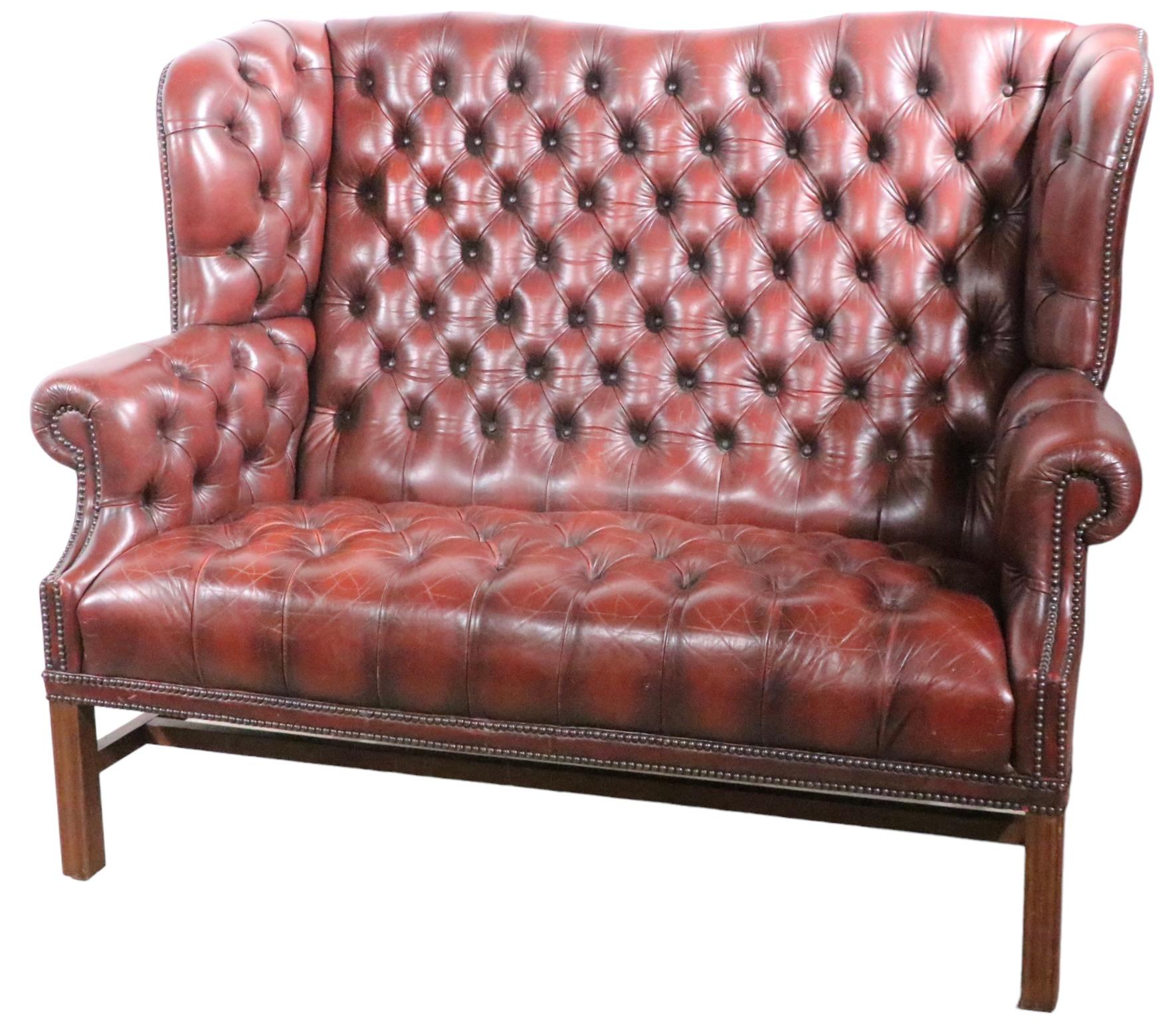 Vintage Tufted Leather Wingback Loveseat Sofa In Good Condition In New York, NY