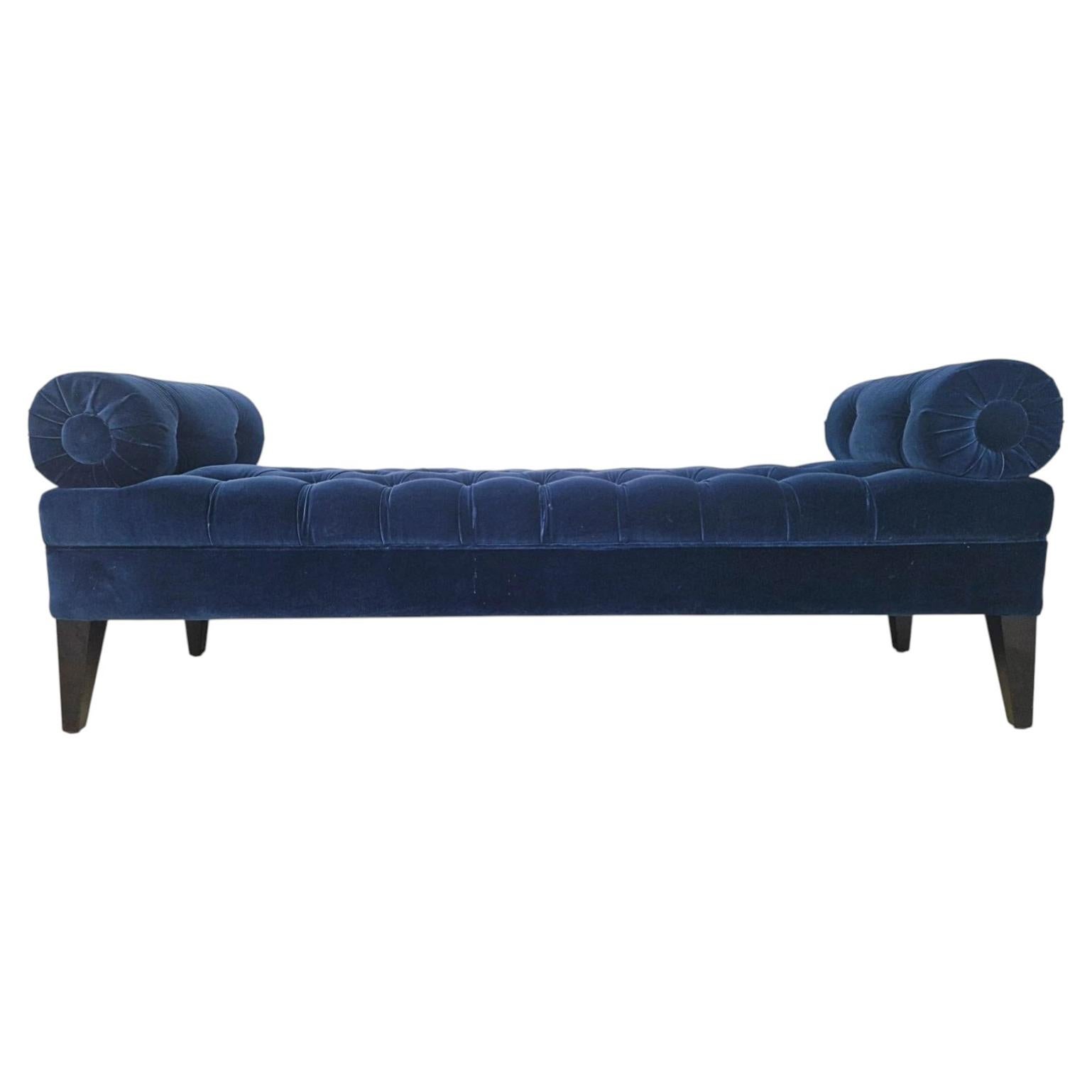 Vintage Tufted Navy Velvet Chaise Bench with Bolster Cushions, Mid-Century For Sale