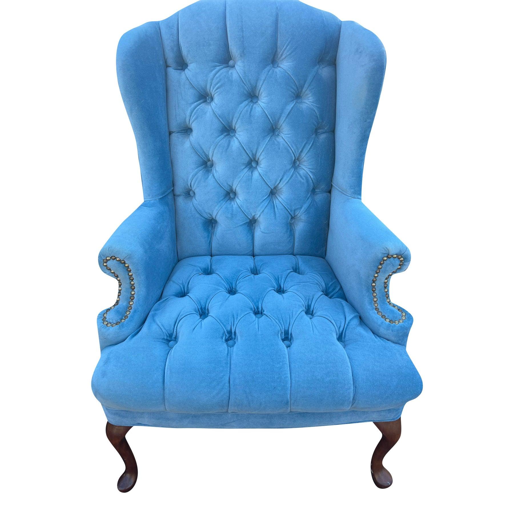 Vintage getuftete Queen Anne-Stühle in pulverblauem Vintage-Beistell- oder Akzentstühle- ein Paar (Holz) im Angebot