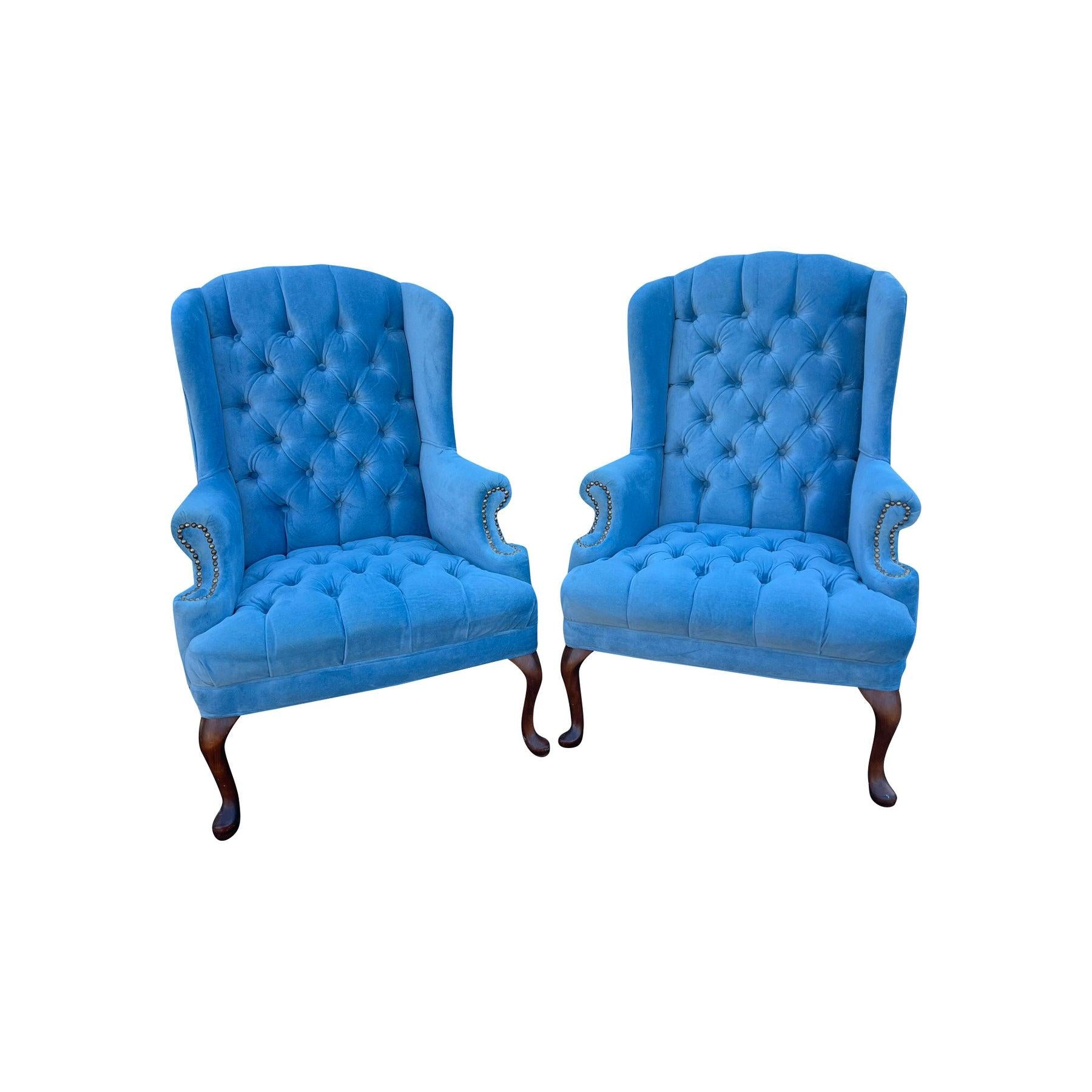 Vintage getuftete Queen Anne-Stühle in pulverblauem Vintage-Beistell- oder Akzentstühle- ein Paar im Angebot 2