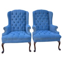 Vintage Tufted Queen Anne Chairs in Powder Blue Side or Accent Chairs- a Pair