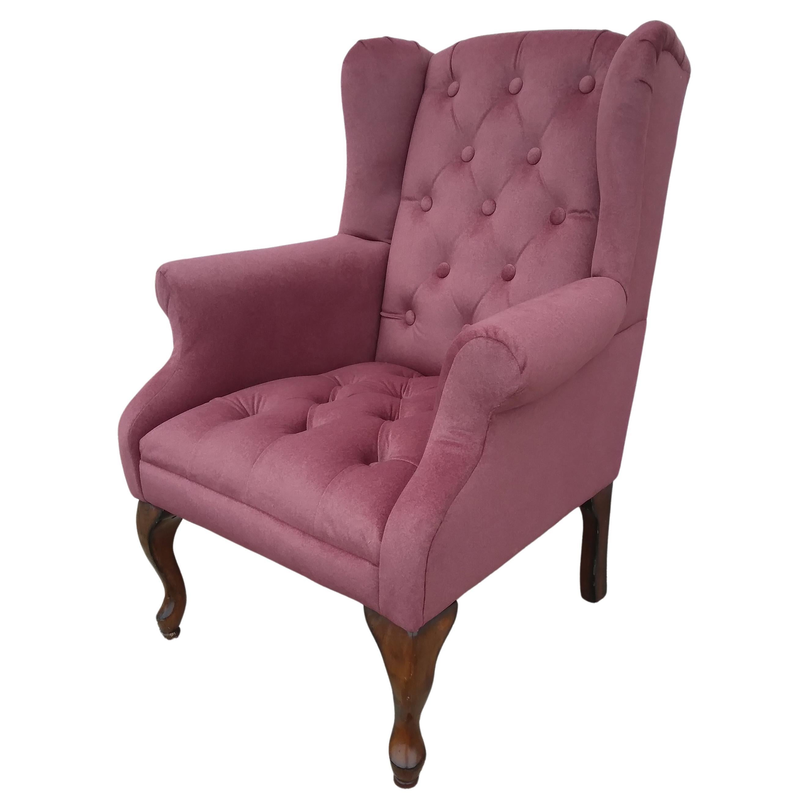 Vintage Tufted Wingback Chair in Pink Chenille For Sale