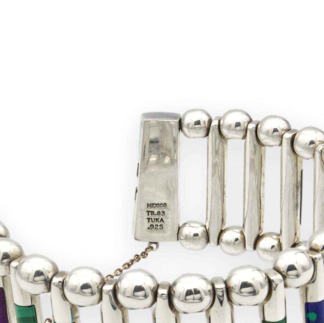 Moderne Vintage TUKA Mexican Modernist  Bracelet en argent incrusté de pierres précieuses, années 1970, 7,5