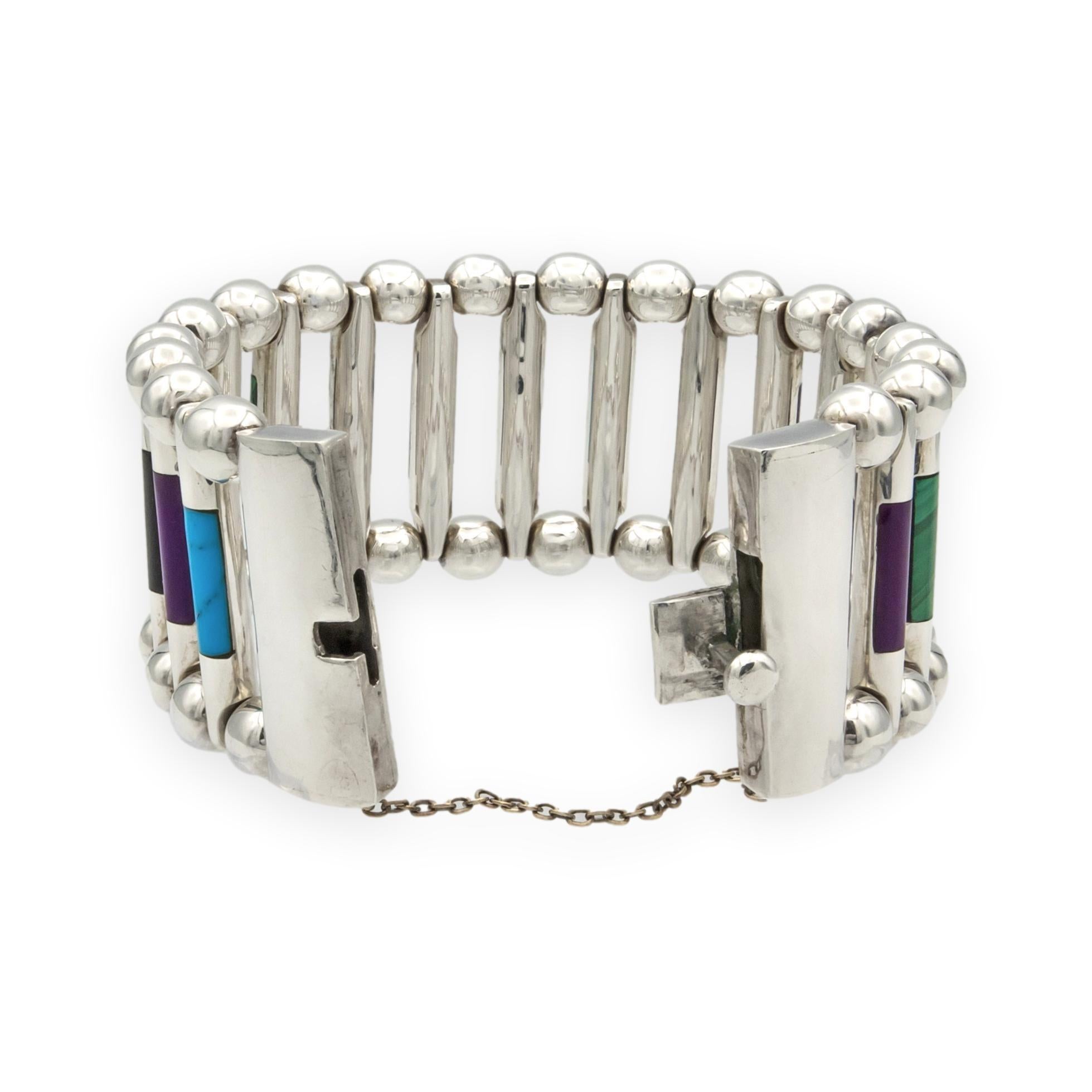 Taille grossière Vintage TUKA Mexican Modernist  Bracelet en argent incrusté de pierres précieuses, années 1970, 7,5
