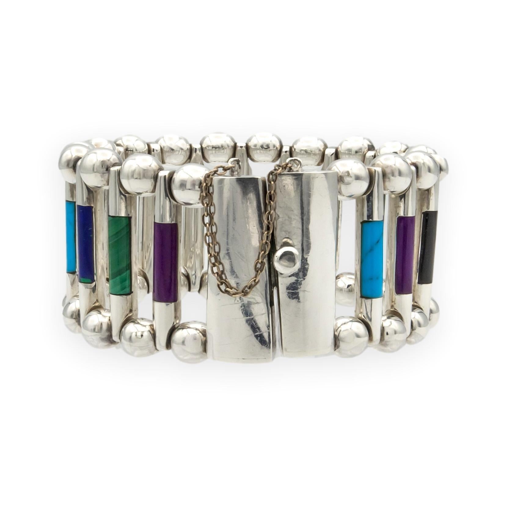 Vintage TUKA Mexican Modernist  Bracelet en argent incrusté de pierres précieuses, années 1970, 7,5