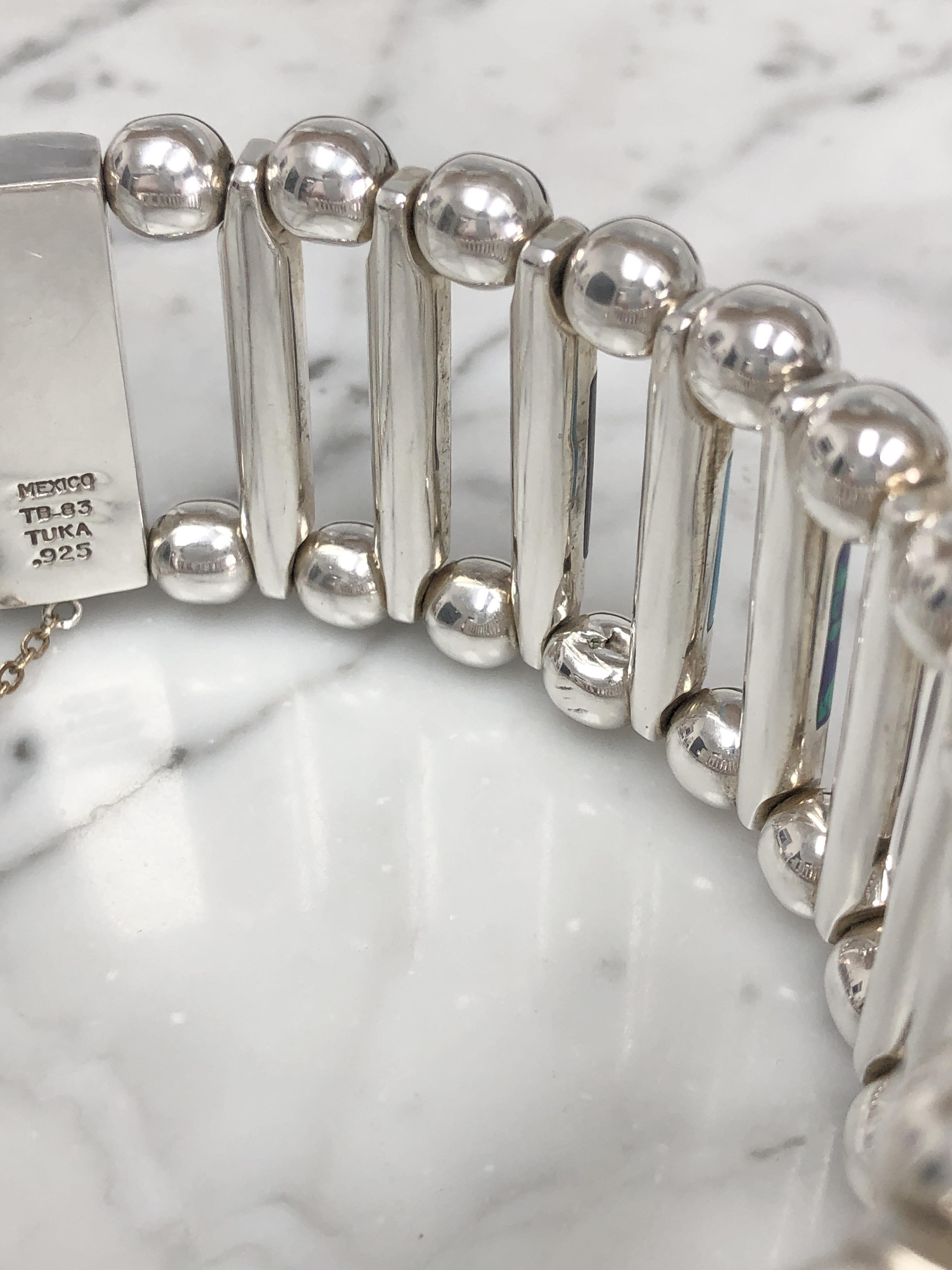 Vintage TUKA Mexican Modernist  Bracelet en argent incrusté de pierres précieuses, années 1970, 7,5
