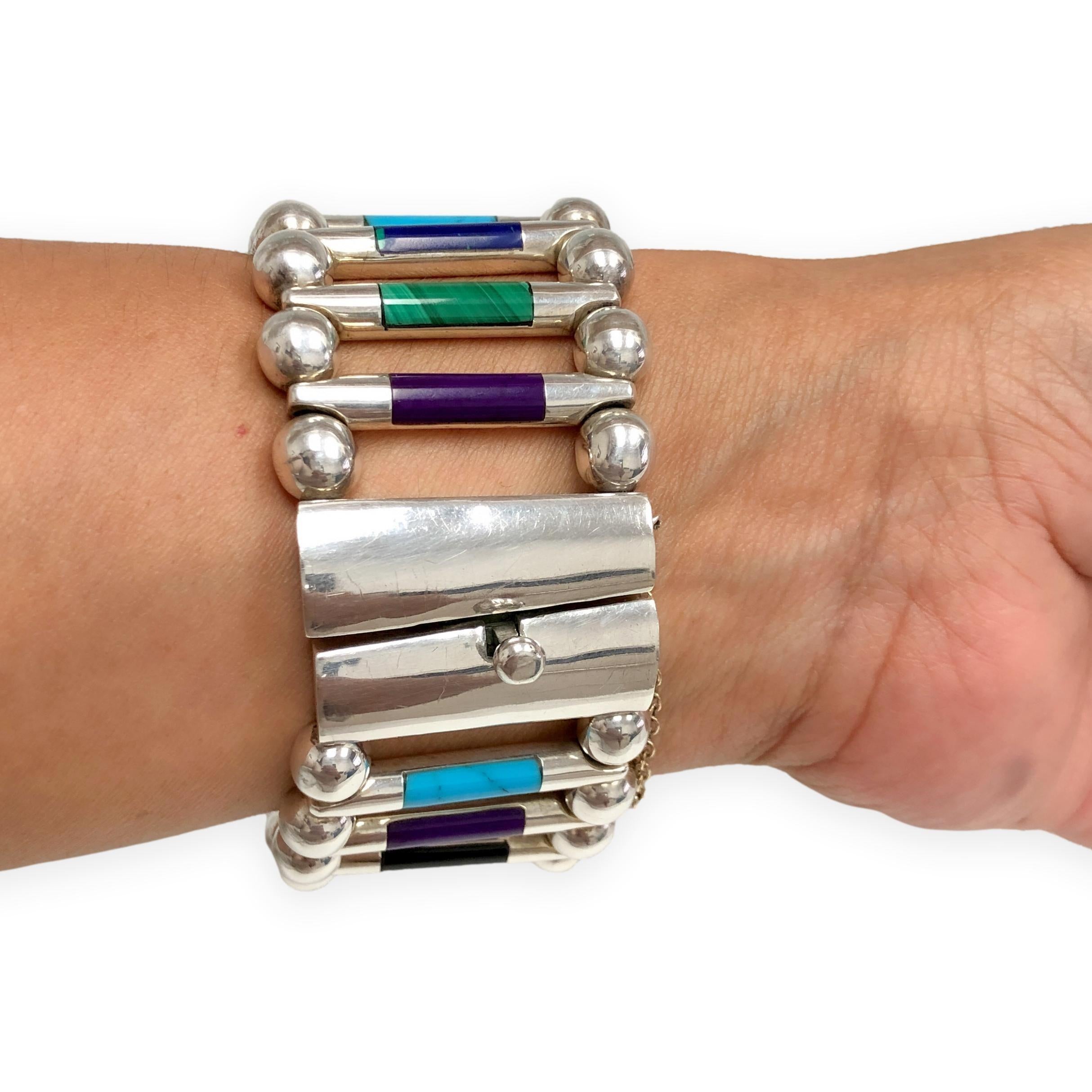 Vintage TUKA Mexican Modernist  Bracelet en argent incrusté de pierres précieuses, années 1970, 7,5