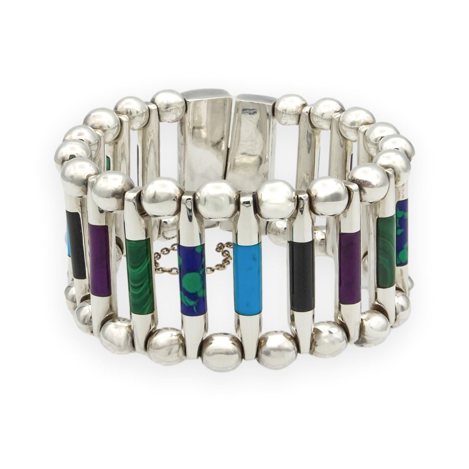 Vintage TUKA Mexican Modernist  Bracelet en argent incrusté de pierres précieuses, années 1970, 7,5". en vente