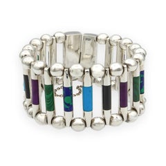 Vintage TUKA Mexican Modernist  Silver Gemstone Inlay Bracelet, 1970s, 7.5"