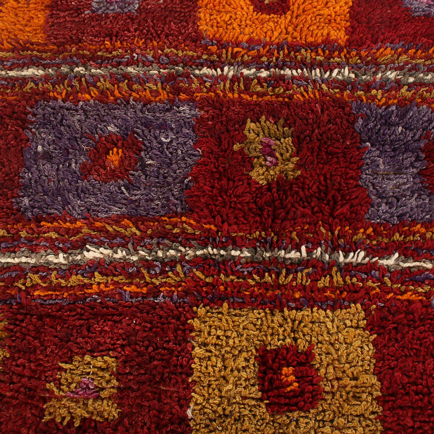 Turkish Vintage Tulu Geometric Red Orange and Green Wool High Pile Rug by Rug & Kilim For Sale