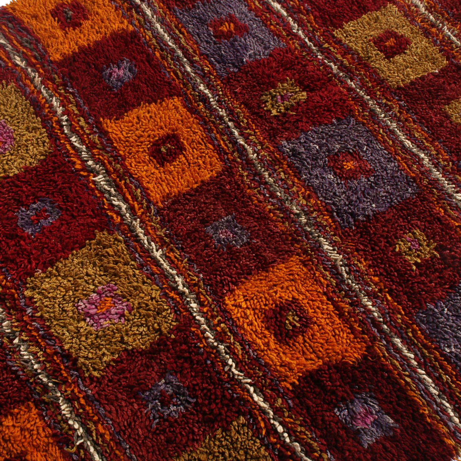 Hand-Knotted Vintage Tulu Geometric Red Orange and Green Wool High Pile Rug by Rug & Kilim For Sale