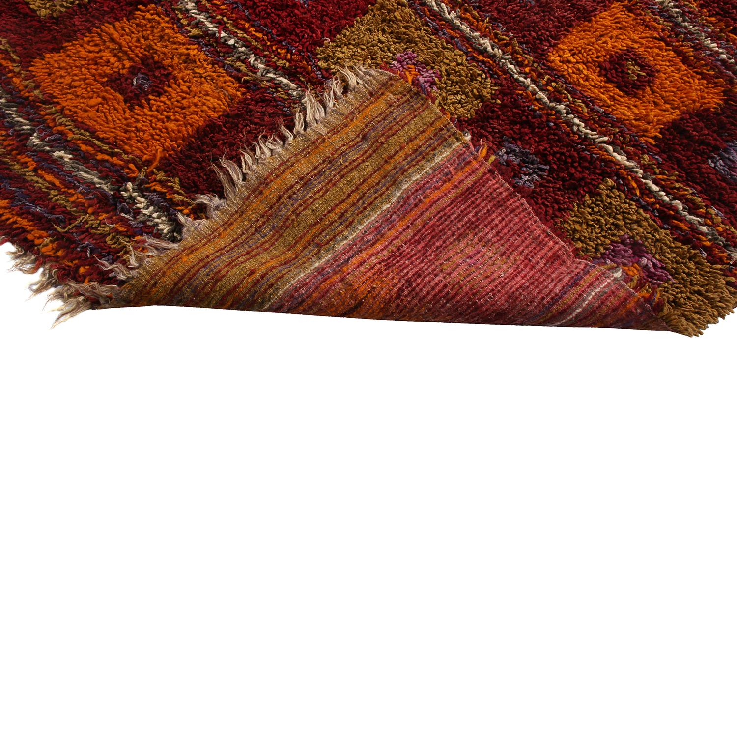 Vintage Tulu Geometric Red Orange and Green Wool High Pile Rug by Rug & Kilim In Good Condition For Sale In Long Island City, NY