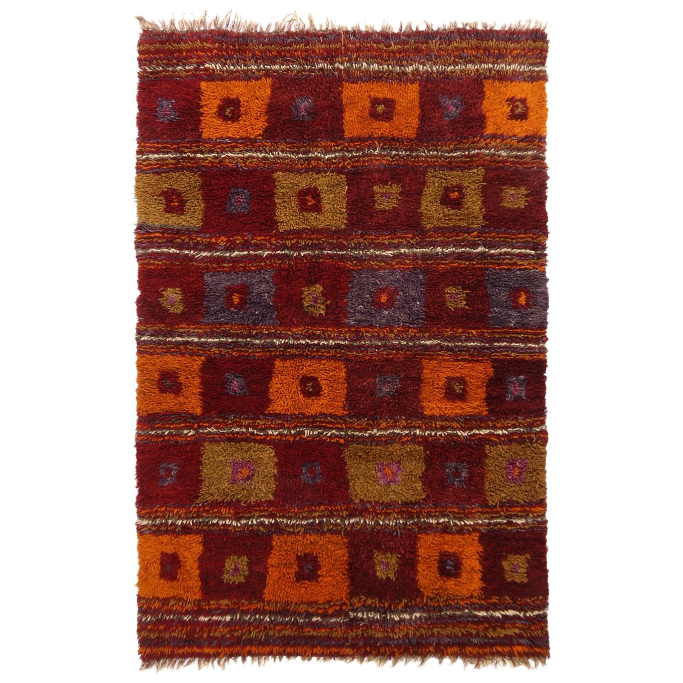 Vintage Tulu Geometric Red Orange and Green Wool High Pile Rug by Rug & Kilim