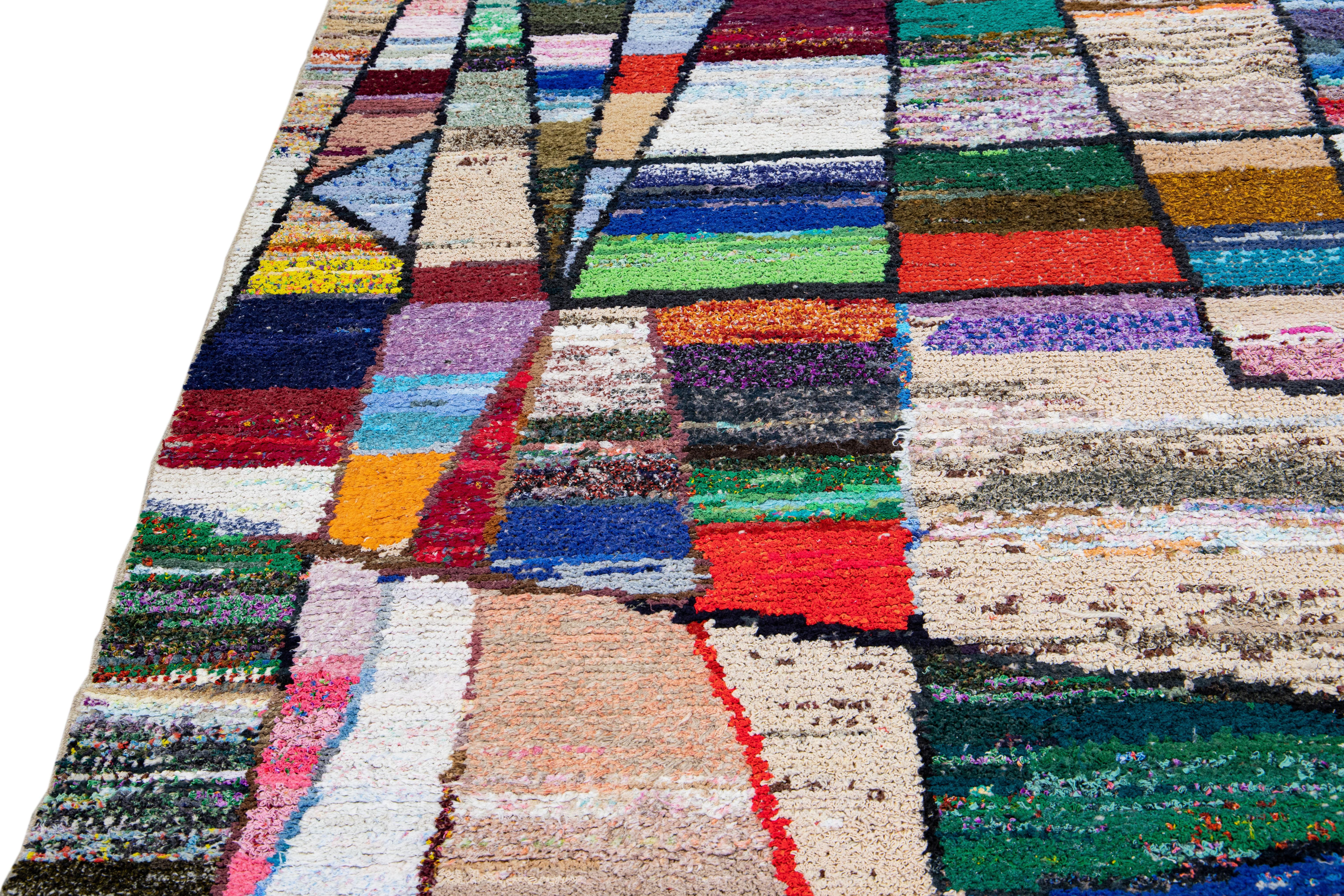 Turkish Vintage Tulu Handmade Multicolor Geometric Abstract Wool Rug For Sale